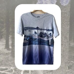 (women) uniqlo • hokusai blue gray ombré japanese graphic oversized tshirt